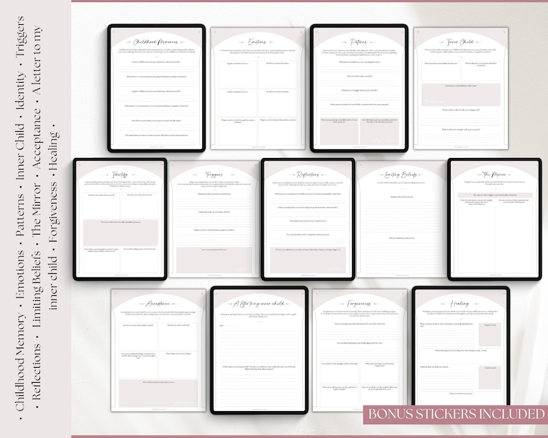 May include: A printable workbook with a pink and white design. The workbook is divided into sections with titles such as "Childhood Memories", "Triggers", "Reflections", "Forgiveness", and "Healing".