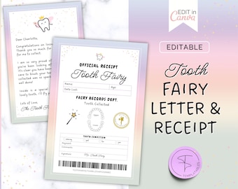 Tooth Fairy Receipt, EDITABLE Tooth Fairy Letter Template with Note, Toothfairy Certificate, Canva Template, Lost or First Tooth Gift