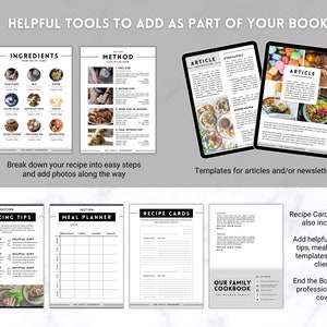 Puede incluir: Un conjunto de plantillas imprimibles para un libro de cocina, que incluye secciones para ingredientes, m&eacute;todos, consejos de cocina, planificador de comidas, tarjetas de recetas y art&iacute;culos. Las plantillas son en blanco y negro con un dise&ntilde;o moderno.