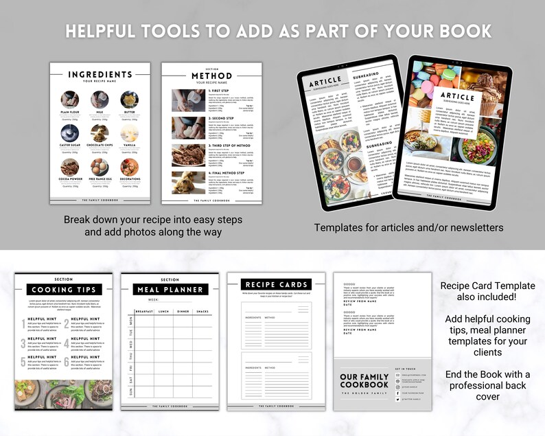 Puede incluir: Un conjunto de plantillas imprimibles para un libro de cocina, que incluye secciones para ingredientes, m&eacute;todos, consejos de cocina, planificador de comidas, tarjetas de recetas y art&iacute;culos. Las plantillas son en blanco y negro con un dise&ntilde;o moderno.
