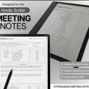 Op de afbeelding: Een zwart-witte afbeelding van een Kindle Scribe e-reader die een digitale sjabloon voor vergadernotities weergeeft. De sjabloon bevat secties voor de vergaderingsamenvatting, de deelnemers, de agendapunten en de actiepunten. De tekst "Designed for the Kindle Scribe MEETING NOTES" wordt bovenaan de afbeelding weergegeven.