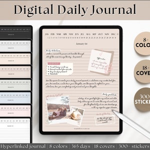 Diario giornaliero digitale, quaderno GoodNotes, pianificatore digitale con collegamento ipertestuale, diario per iPad, adesivi e copertine, modello minimalista a righe per prendere appunti