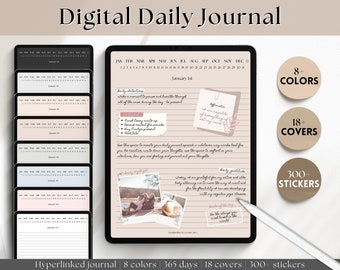 Digital Daily Journal, GoodNotes Notebook, Hyperlinked Digital Planner, iPad Diary, Stickers & Covers, Minimalist Note Taking Lined Template