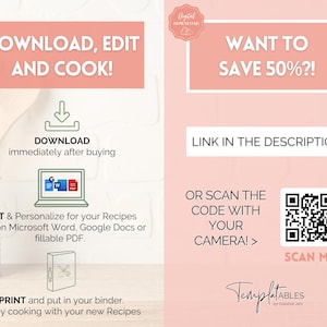 Puede incluir: Un gr&aacute;fico rosa y blanco con el texto "Descargar, editar y cocinar!" y una flecha de descarga. El gr&aacute;fico tambi&eacute;n incluye una computadora port&aacute;til con iconos para Google Docs, Microsoft Word y PDF. El texto "Editar y personalizar para tus recetas" est&aacute; debajo de la computadora port&aacute;til. El texto "Imprime y pon en tu carpeta. Disfruta cocinando con tus nuevas recetas" est&aacute; en la parte inferior del gr&aacute;fico. El gr&aacute;fico tambi&eacute;n incluye un c&oacute;digo QR con el texto "Escaneame".