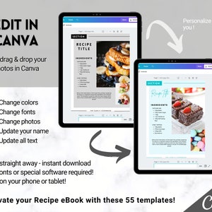 Puede incluir: Dos capturas de pantalla de una plantilla de libro de recetas digital en la pantalla de una tableta. La primera captura de pantalla muestra una receta de tostadas francesas con ar&aacute;ndanos y pl&aacute;tanos. La segunda captura de pantalla muestra una receta de pastel de chocolate con fresas y macarons. El texto en la pantalla dice "SECCI&Oacute;N T&iacute;tulo de la receta" e "INGREDIENTES". El texto en la pantalla tambi&eacute;n dice "Editar en Canva".