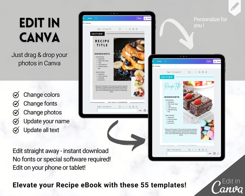 Puede incluir: Dos capturas de pantalla de una plantilla de libro de recetas digital en la pantalla de una tableta. La primera captura de pantalla muestra una receta de tostadas francesas con ar&aacute;ndanos y pl&aacute;tanos. La segunda captura de pantalla muestra una receta de pastel de chocolate con fresas y macarons. El texto en la pantalla dice "SECCI&Oacute;N T&iacute;tulo de la receta" e "INGREDIENTES". El texto en la pantalla tambi&eacute;n dice "Editar en Canva".