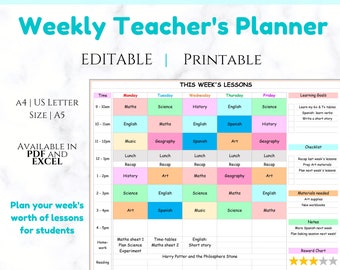 May include: A printable weekly teacher's planner with a colorful grid for scheduling lessons. The planner includes sections for learning goals, a checklist, materials needed, notes, and a reward chart. The grid is labeled with days of the week and times from 9 am to 5 pm. Subjects include Math, Science, History, English, Spanish, Geography, Art, and Music.