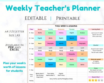 Teacher Planner, EDITABLE Weekly LESSON PLANNER | Teaching Lesson Plan | Printable Teaching Planner | Academic Classroom Curriculum Schedule