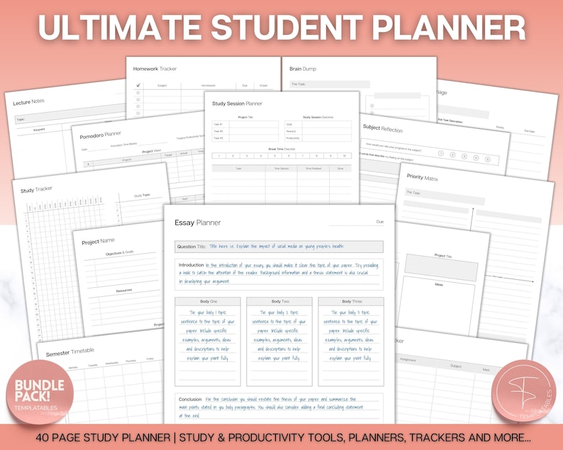 Student Planner Printable BUNDLE, 40+ Pg Study Planner, Academic ...