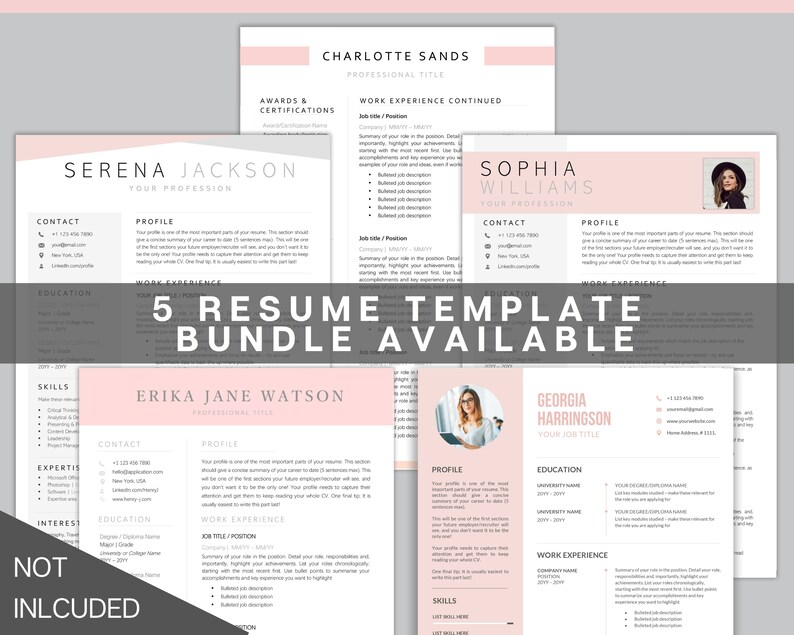 May include: Five different resume templates with pink accents and a photo of the person at the top of each resume. The text "5 Resume Template Bundle Available" is in the center of the image.