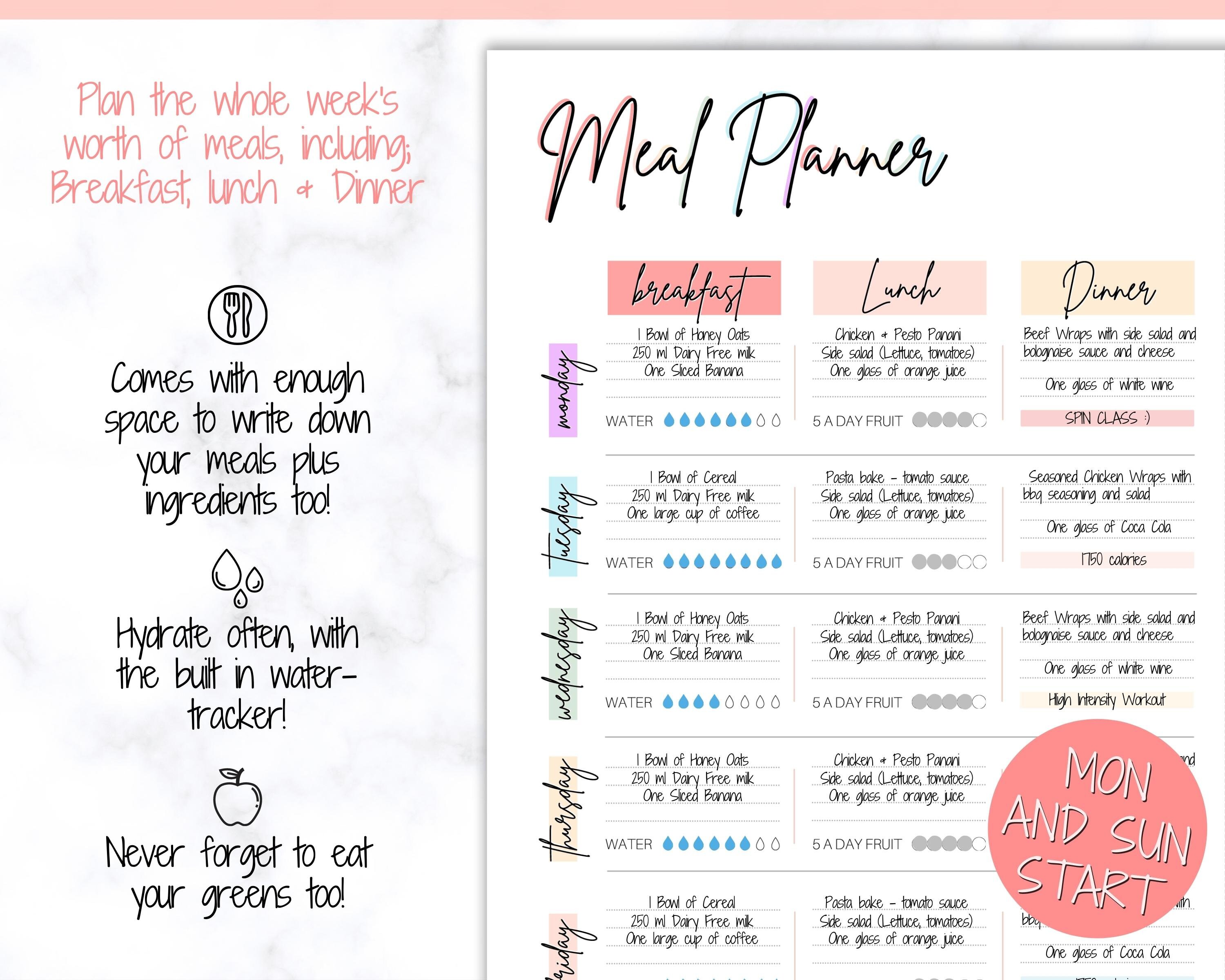 FOOD DIARY Weekly Meal Planner Printable Meal Tracker Food | Etsy