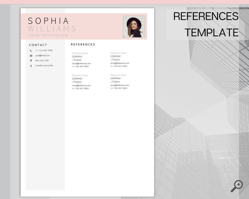 May include: A black and white image of a city skyline with a magnifying glass in the bottom right corner. The text "REFERENCES TEMPLATE" is in the top right corner of the image.