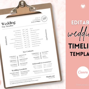 Wedding Day Timeline Template, EDITABLE order of events, Wedding Timeline, Wedding Schedule, Wedding Day Timeline, wedding itinerary program