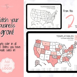 May include: A printable US state sales map template. The map is black and white with state borders outlined. The map is divided into states with abbreviations for each state. The map is labeled "US State Sales Map" and "Templatables".