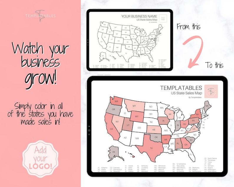 May include: A printable US state sales map template. The map is black and white with state borders outlined. The map is divided into states with abbreviations for each state. The map is labeled "US State Sales Map" and "Templatables".