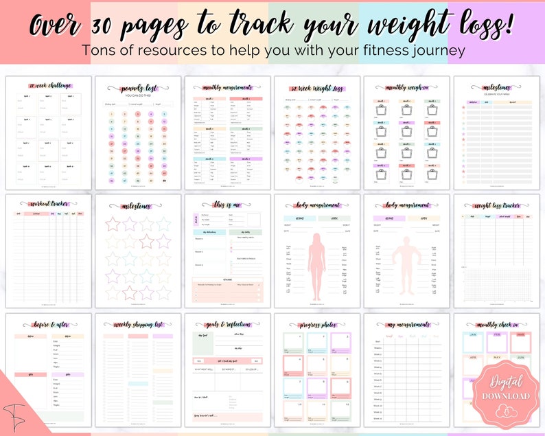 May include: A printable digital download of 30 pages of weight loss trackers and resources. The pages are designed with a pastel colour scheme and include trackers for weight, measurements, goals, and more.