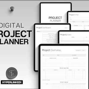 Peut inclure: Un planificateur de projet numérique avec un design noir et blanc. Le planificateur comprend des sections pour le tableau de bord du projet, la vue d'ensemble du projet, la chronologie du projet et l'index du projet. Le planificateur est hyperlié.