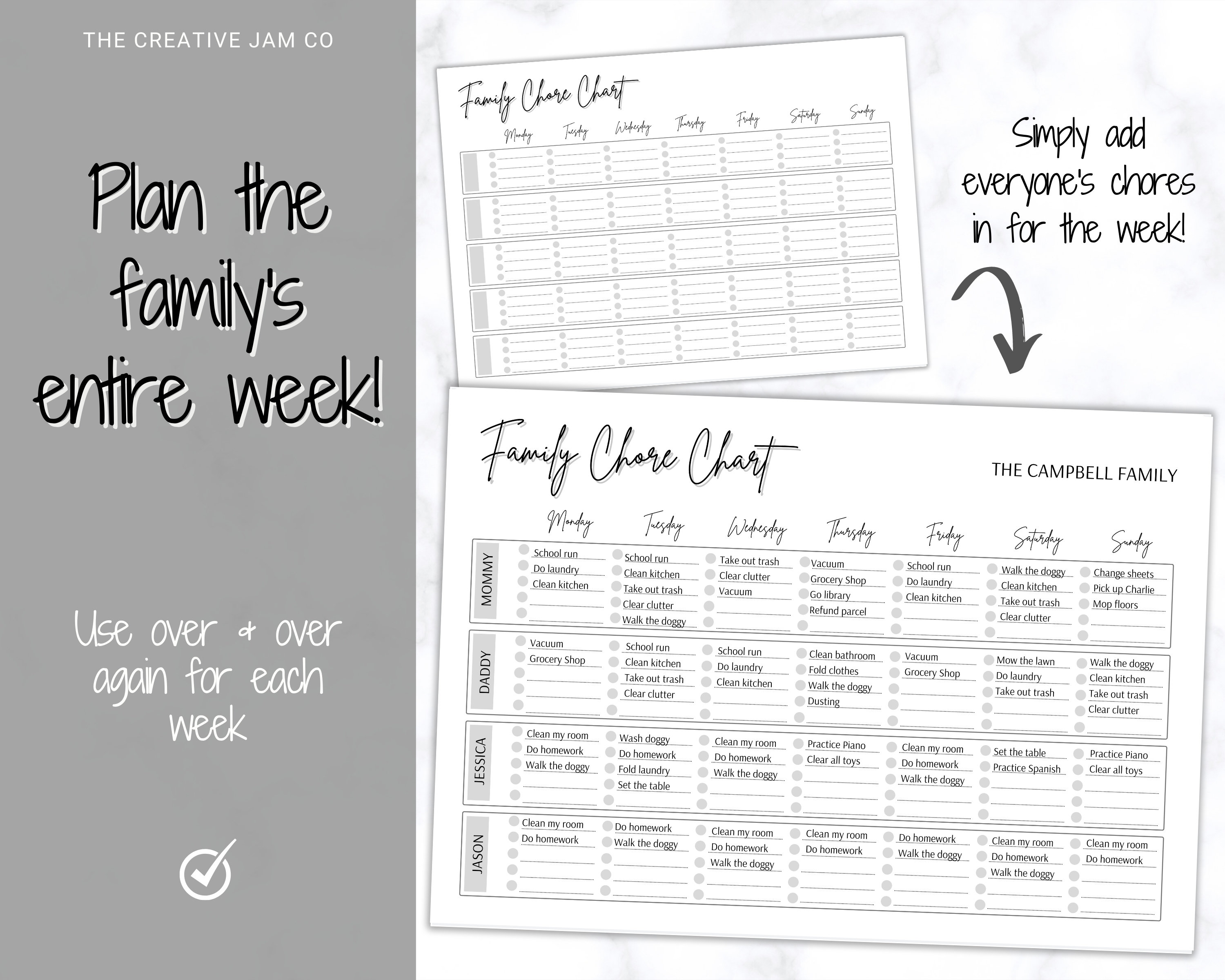 Family Chore Chart, Editable Family Planner Printable, Weekly Family ...