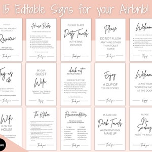 Peut inclure: Un ensemble de 15 pancartes imprimables pour une location Airbnb. Les pancartes sont en noir et blanc avec un design minimaliste. Les pancartes comprennent des instructions pour les clients, telles que "Veuillez placer les serviettes sales dans les bacs fournis", "Profitez d'une tasse de th&eacute; ou de caf&eacute;" et "Laissez vos soucis et vos chaussures &agrave; la porte".