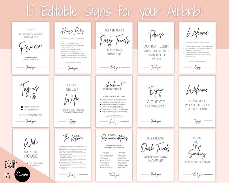 Peut inclure: Un ensemble de 15 pancartes imprimables pour une location Airbnb. Les pancartes sont en noir et blanc avec un design minimaliste. Les pancartes comprennent des instructions pour les clients, telles que "Veuillez placer les serviettes sales dans les bacs fournis", "Profitez d'une tasse de th&eacute; ou de caf&eacute;" et "Laissez vos soucis et vos chaussures &agrave; la porte".