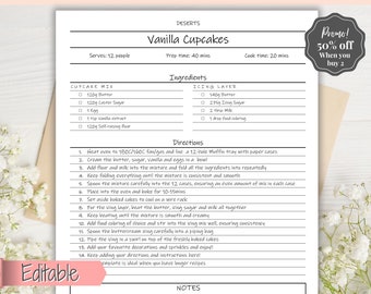 Recipe Sheet template, EDITABLE Recipe Book Template, Recipe Cards, Minimal Recipe Binder, 8.5x11 Printable Farmhouse, Food Planner Journal