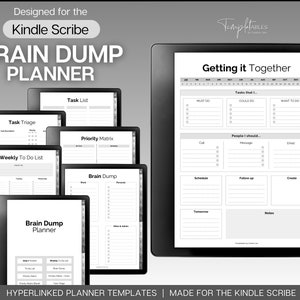 Op de afbeelding: Een zwart-witte afbeelding van een Kindle Scribe-tablet waarop een planner-app wordt weergegeven met verschillende secties voor taken, to-do-lijsten en brainstormsessies. De tekst "Getting it Together" staat bovenaan het scherm. De tekst "HYPERLINKED PLANNER TEMPLATES | MADE FOR THE KINDLE SCRIBE" staat onderaan de afbeelding.