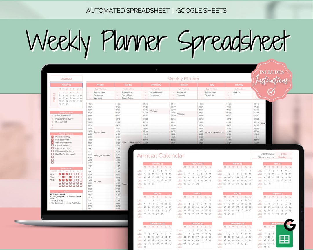Weekly Planner Spreadsheet EDITABLE Google Sheets (Instant Download) Etsy