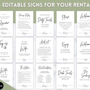 May include: A collection of 15 editable signs for rentals, featuring minimalist black text on white backgrounds. Signs include phrases like "Welcome," "Wifi," and "No Smoking." The signs are designed to be edited in Canva.