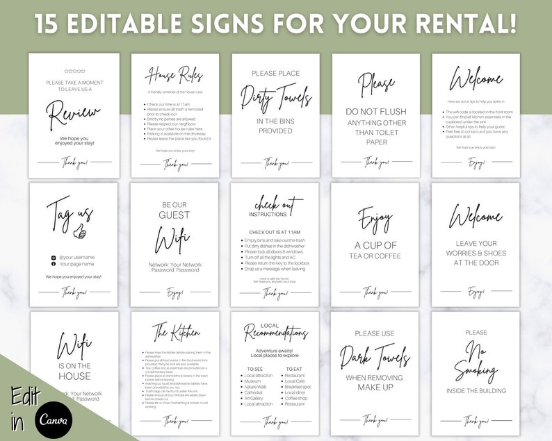 May include: A collection of 15 editable signs for rentals, featuring minimalist black text on white backgrounds. Signs include phrases like "Welcome," "Wifi," and "No Smoking." The signs are designed to be edited in Canva.