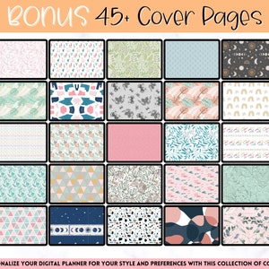 May include: A collection of 45+ digital planner cover pages featuring a variety of patterns and designs. The covers include geometric patterns, floral designs, and abstract art in a range of colours and styles. The text "Bonus 45+ Cover Pages" is displayed at the top of the image.