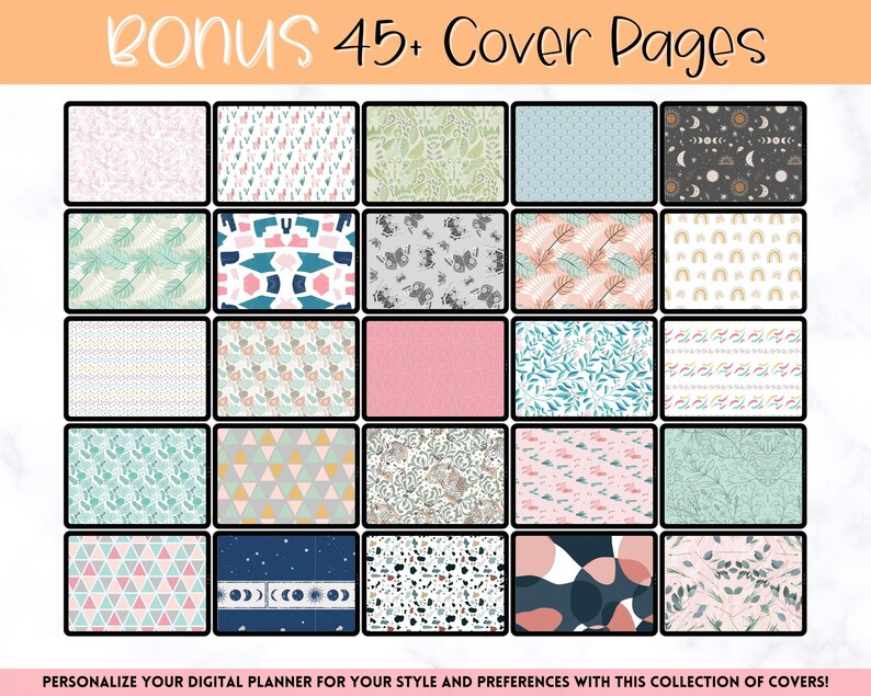 May include: A collection of 45+ digital planner cover pages featuring a variety of patterns and designs. The covers include geometric patterns, floral designs, and abstract art in a range of colours and styles. The text "Bonus 45+ Cover Pages" is displayed at the top of the image.