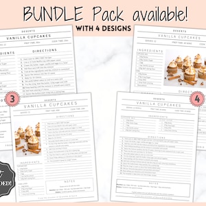 May include: A printable recipe bundle for vanilla cupcakes with four different designs. Each recipe card includes a list of ingredients, directions, and notes. The cards are numbered 1 through 4.