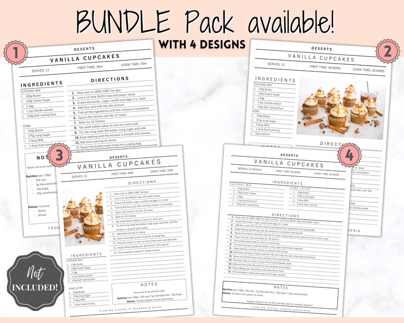 May include: A printable recipe bundle for vanilla cupcakes with four different designs. Each recipe card includes a list of ingredients, directions, and notes. The cards are numbered 1 through 4.