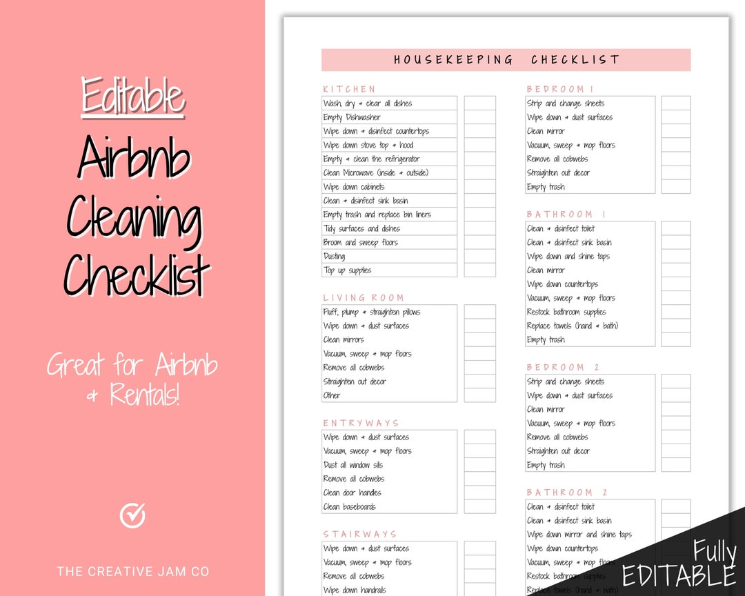 Airbnb Cleaning Checklist, EDITABLE Housekeeping Cleaning Planner