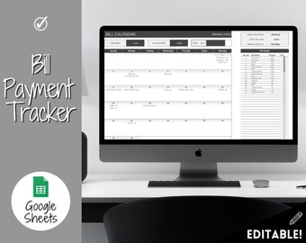 May include: A black and white computer screen displaying a printable bill payment tracker calendar for January 2022. The calendar is designed to be used with Google Sheets and is editable.