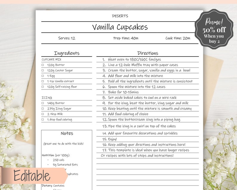 EDITABLE Recipe Book template, Recipe Sheet Template, Recipe Cards, Minimal Recipe Binder, 8.5x11 Printable Farmhouse, Food Planner Journal image 1