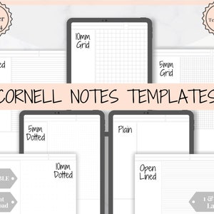 Può includere: Modelli di note Cornell stampabili in 7 layout diversi, tra cui rigati, grigliati, punteggiati e semplici. I modelli sono disponibili nei formati US Letter e A4.