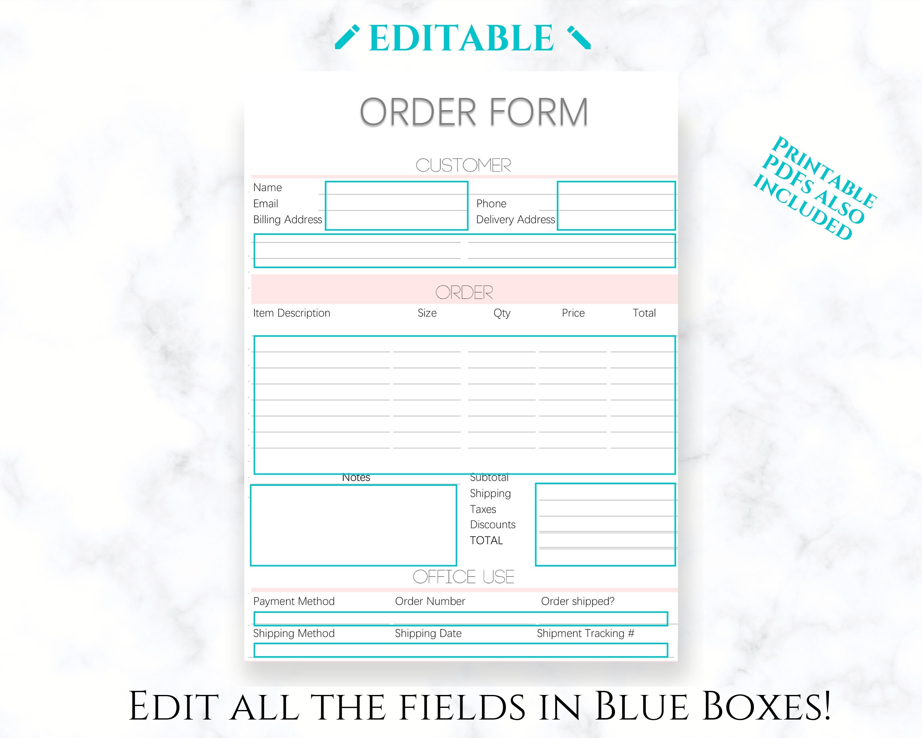 INVOICE Template & ORDER FORM Editable. Custom Receipt Printable. Sales ...