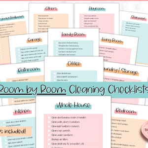 Kamer per kamer schoonmaakkaarten, afdrukbare schoonmaakchecklist voor gezinnen en kinderen, schoonmaakschemaplanner, schoonmaaktrackersjabloon, ADHD, zone