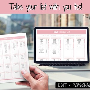 May include: A printable travel packing list template with a pink and white color scheme. The template is divided into two columns, one for clothing and one for toiletries. The text "Travel Packing List" is at the top of the template.