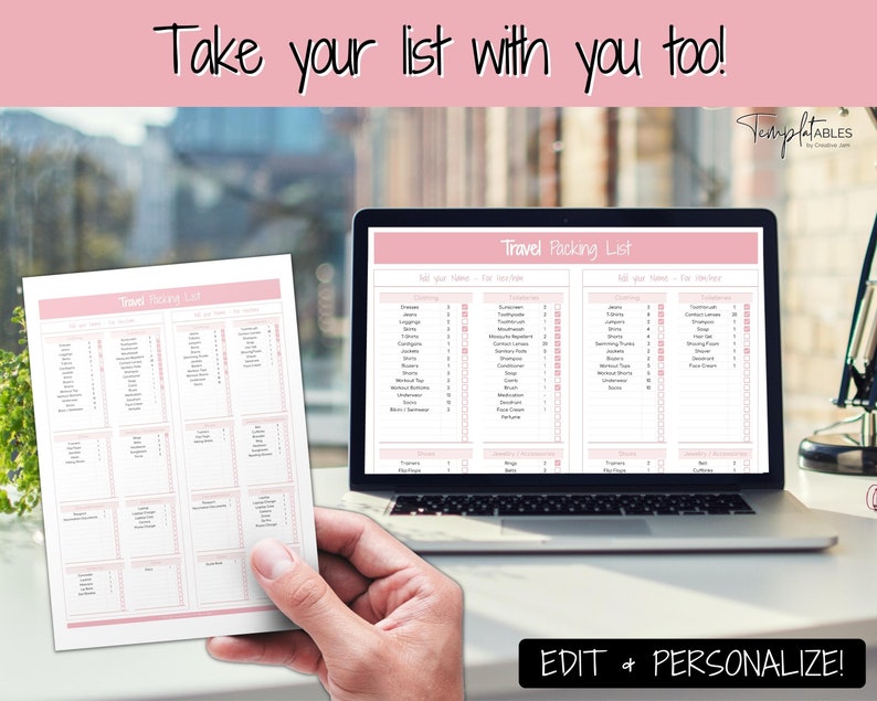May include: A printable travel packing list template with a pink and white color scheme. The template is divided into two columns, one for clothing and one for toiletries. The text "Travel Packing List" is at the top of the template.