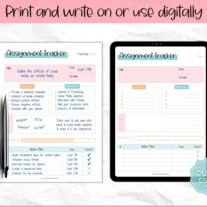 May include: A printable assignment tracker with a pink and blue colour scheme. The tracker has sections for title, due date, grade, resources, ideas, and action steps. The text "Assignment Tracker" is at the top of the page.