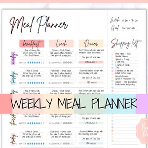 Meal Planner Printable, Weekly Food Diary, Meal Tracker, Food Journal, Menu Plan & Prep, BONUS Grocery List Diet, Fitness, Health, Pink image 1