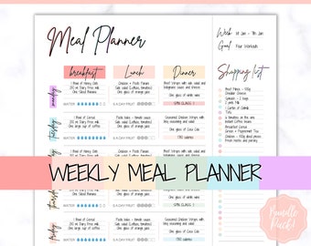 Meal Planner Printable, Weekly Food Diary, Meal Tracker, Food Journal, Menu Plan & Prep, BONUS Grocery List! Diet, Fitness, Health, Pink