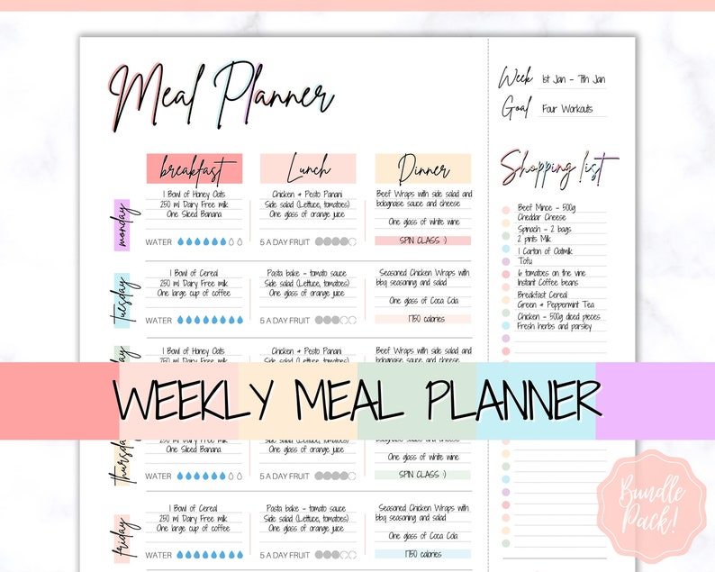 Meal Planner Printable, Weekly Food Diary, Meal Tracker, Food Journal, Menu Plan & Prep, BONUS Grocery List Diet, Fitness, Health, Pink image 1