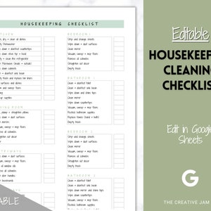 May include: A white and green housekeeping checklist with editable sections. The checklist includes tasks for the kitchen, living room, bedrooms, bathrooms, and entryways. The text "Editable Housekeeping Cleaning Checklist" is displayed.