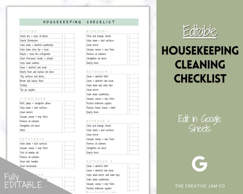 May include: A white and green housekeeping checklist with editable sections. The checklist includes tasks for the kitchen, living room, bedrooms, bathrooms, and entryways. The text "Editable Housekeeping Cleaning Checklist" is displayed.