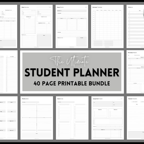 Student Planner Printable BUNDLE, 40+ Seiten Studienplaner, akademisch, Projekt, Produktivität, Prüfung, Hausaufgaben, Universität, College 2023