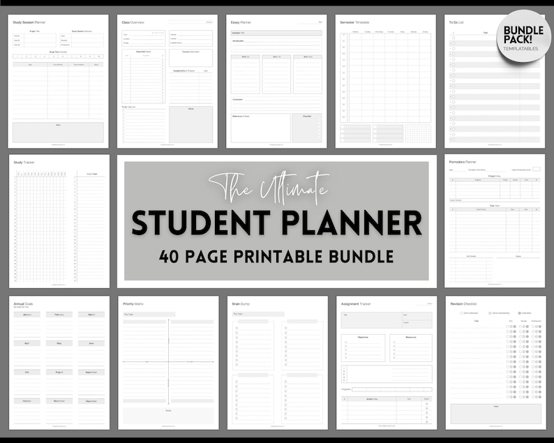 Student Planner Printable BUNDLE, 40 pg Study Planner, Academic, Project, Productivity, Exam, Homework Assignment, University, College 2024 image 1