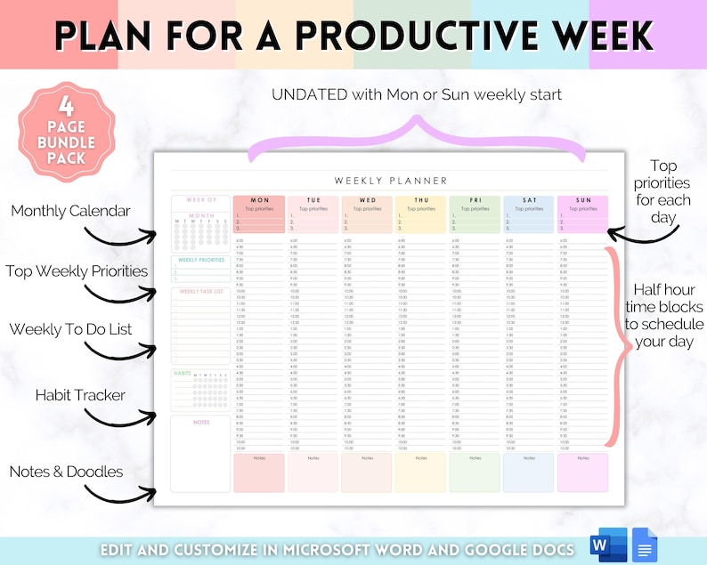 Weekly Hourly Planner EDITABLE Weekly Schedule, Daily Planner, Undated Planner, 2024 Weekly Organizer, To Do List printable, Adhd, Colorful image 2
